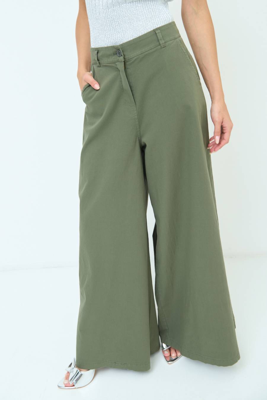 Kikisix PANTALONE PALAZZO COTONE VERDE MILITARE Fino Al -60%