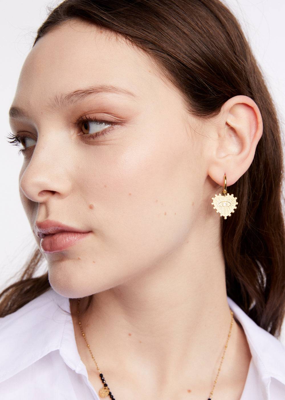 Nalí S.STEEL HOOP EARRINGS W/ GOLD HEART+EYE Qualità Garantita