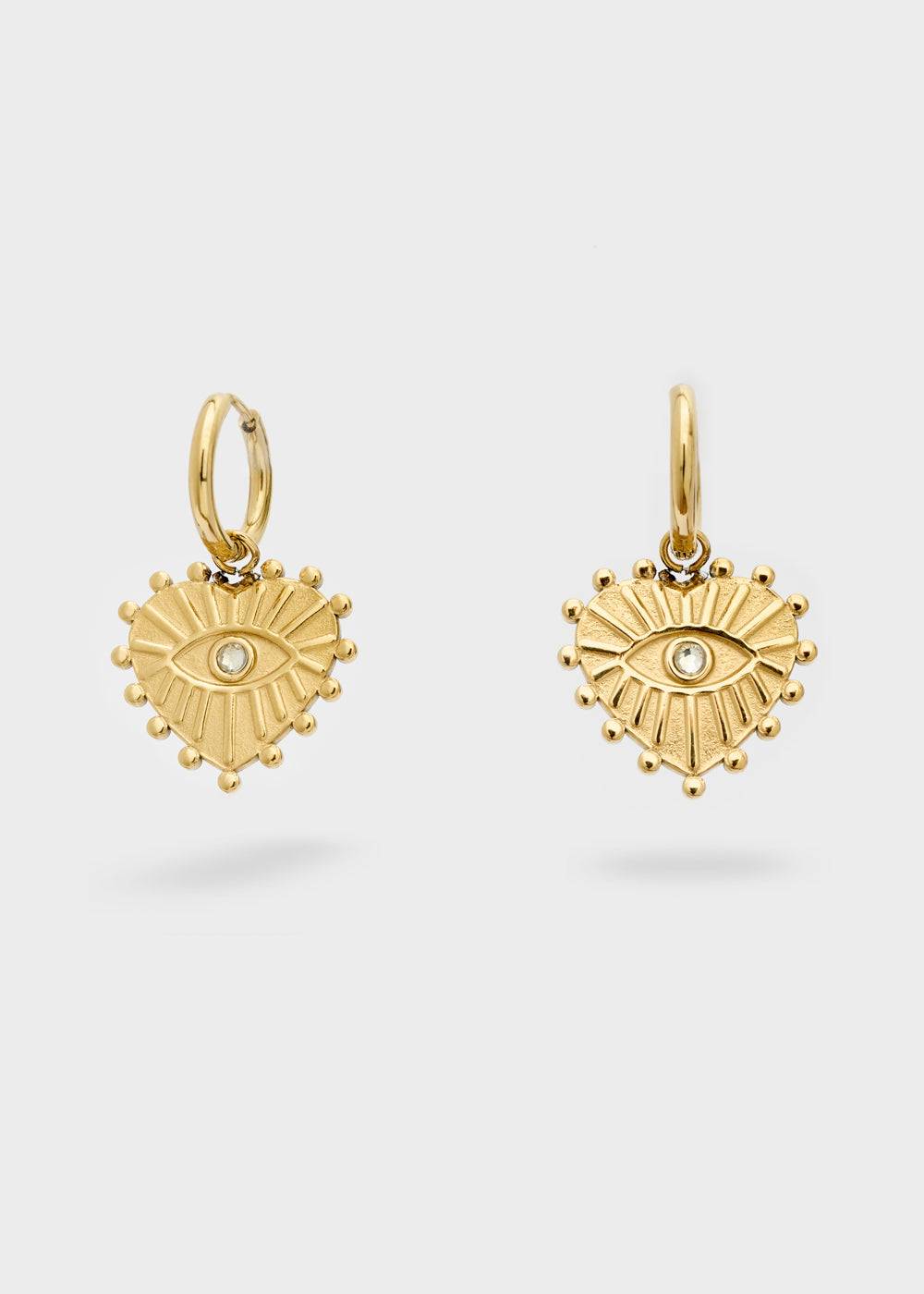 Nalí S.STEEL HOOP EARRINGS W/ GOLD HEART+EYE Qualità Garantita