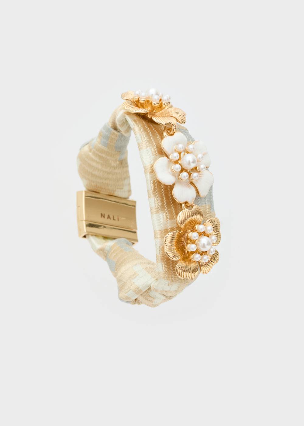 Nalí FABRIC BRACELET W/ GOLD + WHITE FLOWERS Outlet