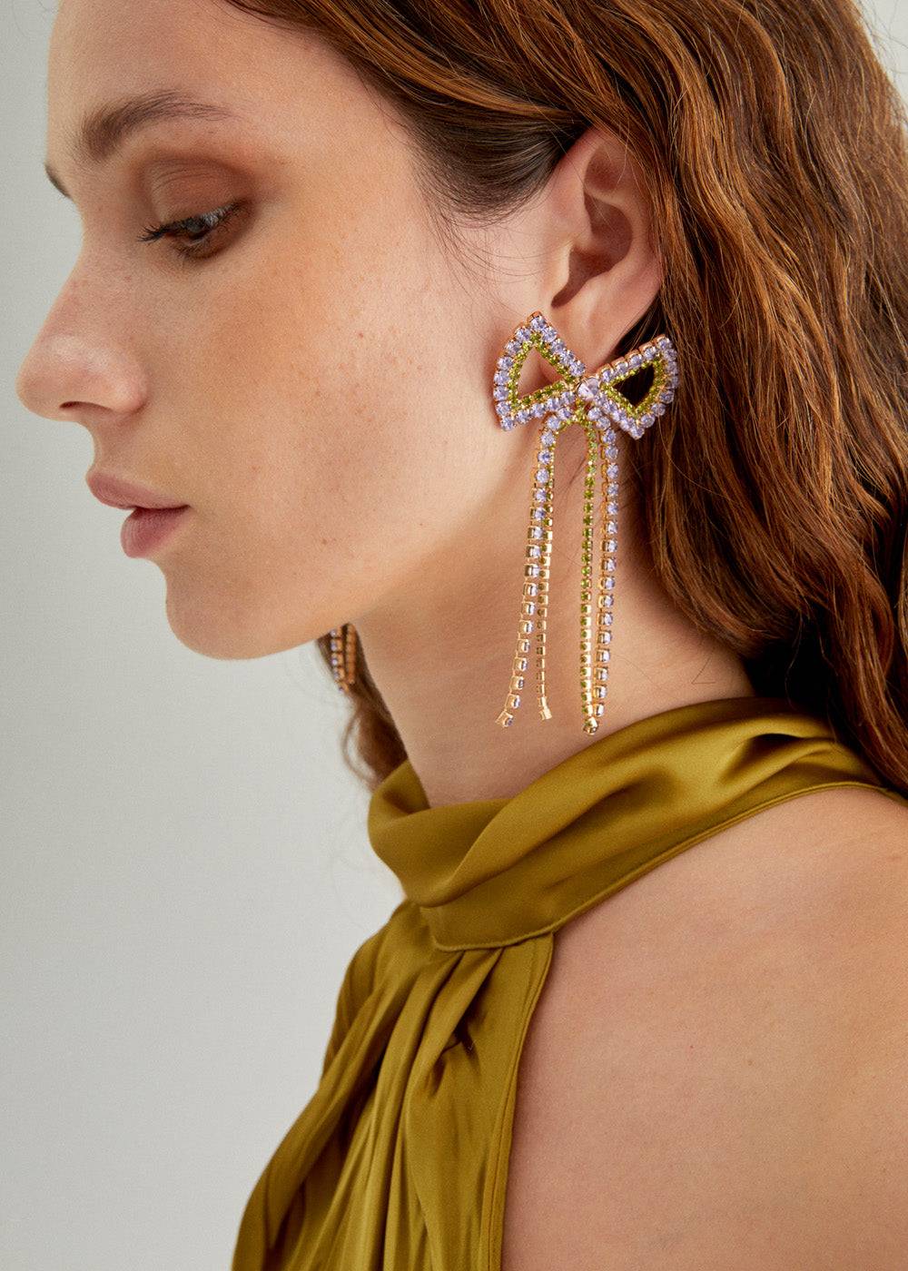 Nalí BOW EARRINGS W/ LILIAC AND GREEN STONES Latest fashion