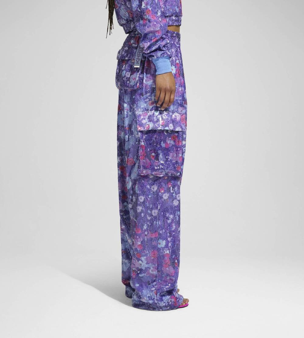 Khrisjoy PANTS MULTIPOCKET PAILLETTES FLOWERS UPSIDE DOWN GRAPE Pezzi Unici