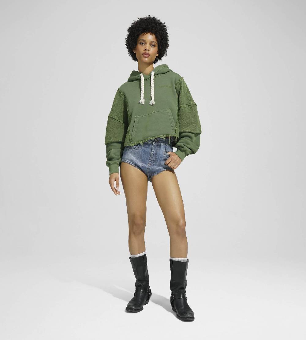 Khrisjoy HOODIE CROP DOUBLE POCKETS OLIVE GREEN Prezzo Ridotto