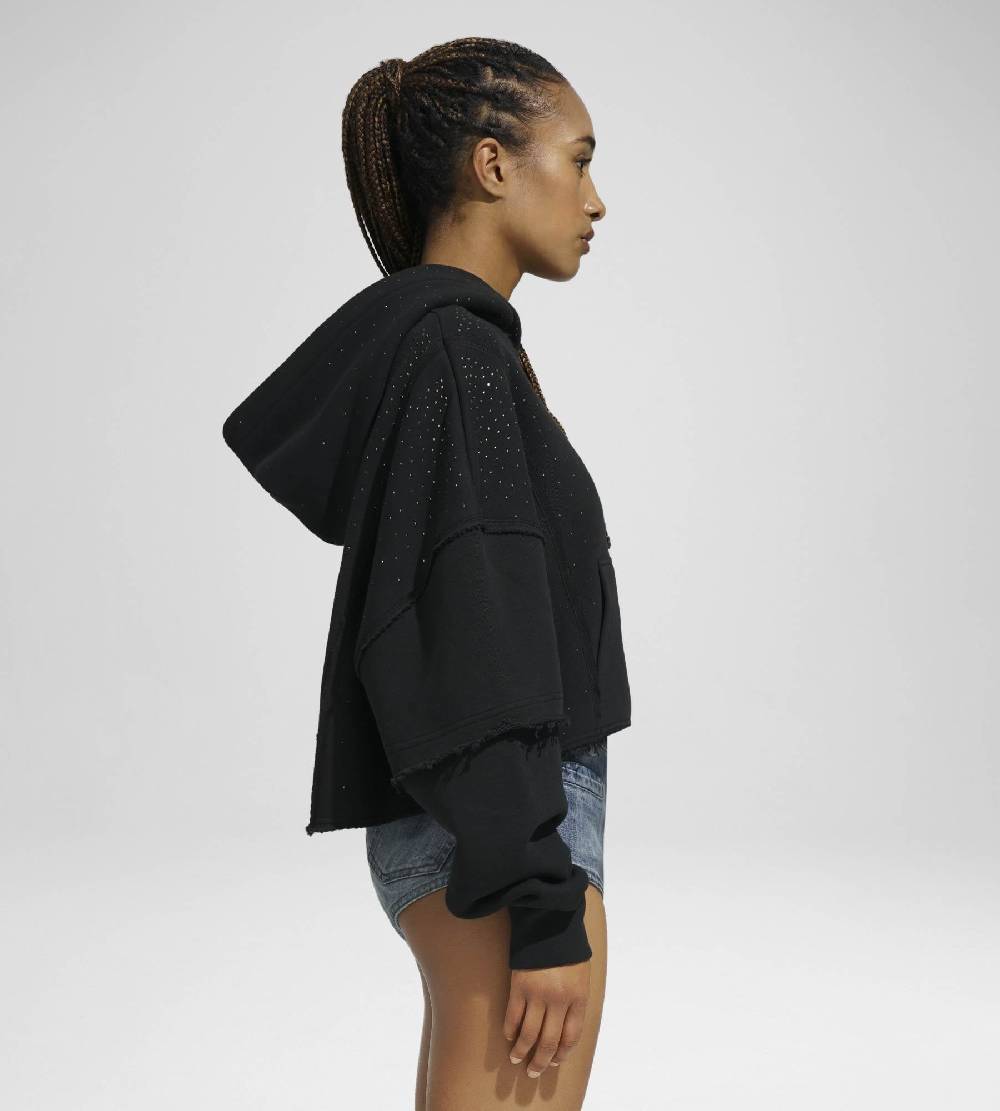 Khrisjoy HOODIE CROP DOUBLE POCKETS STRASS BLACK Vendita Economica