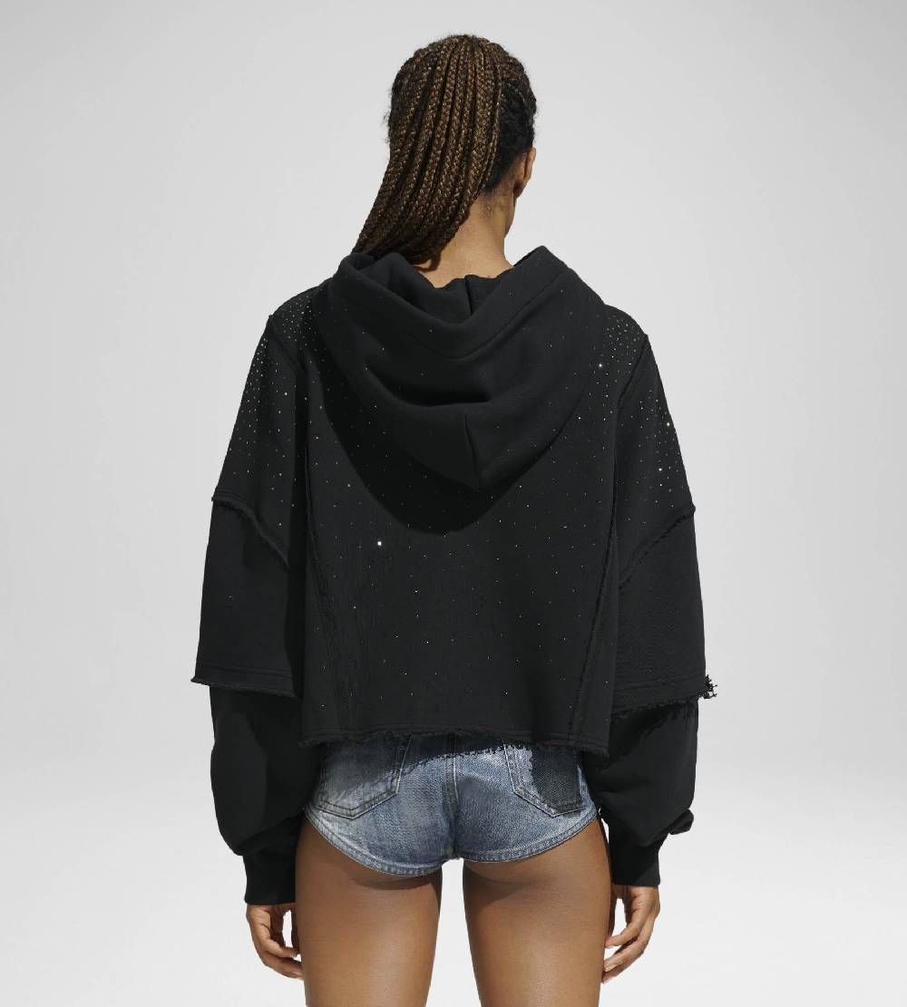 Khrisjoy HOODIE CROP DOUBLE POCKETS STRASS BLACK Vendita Economica
