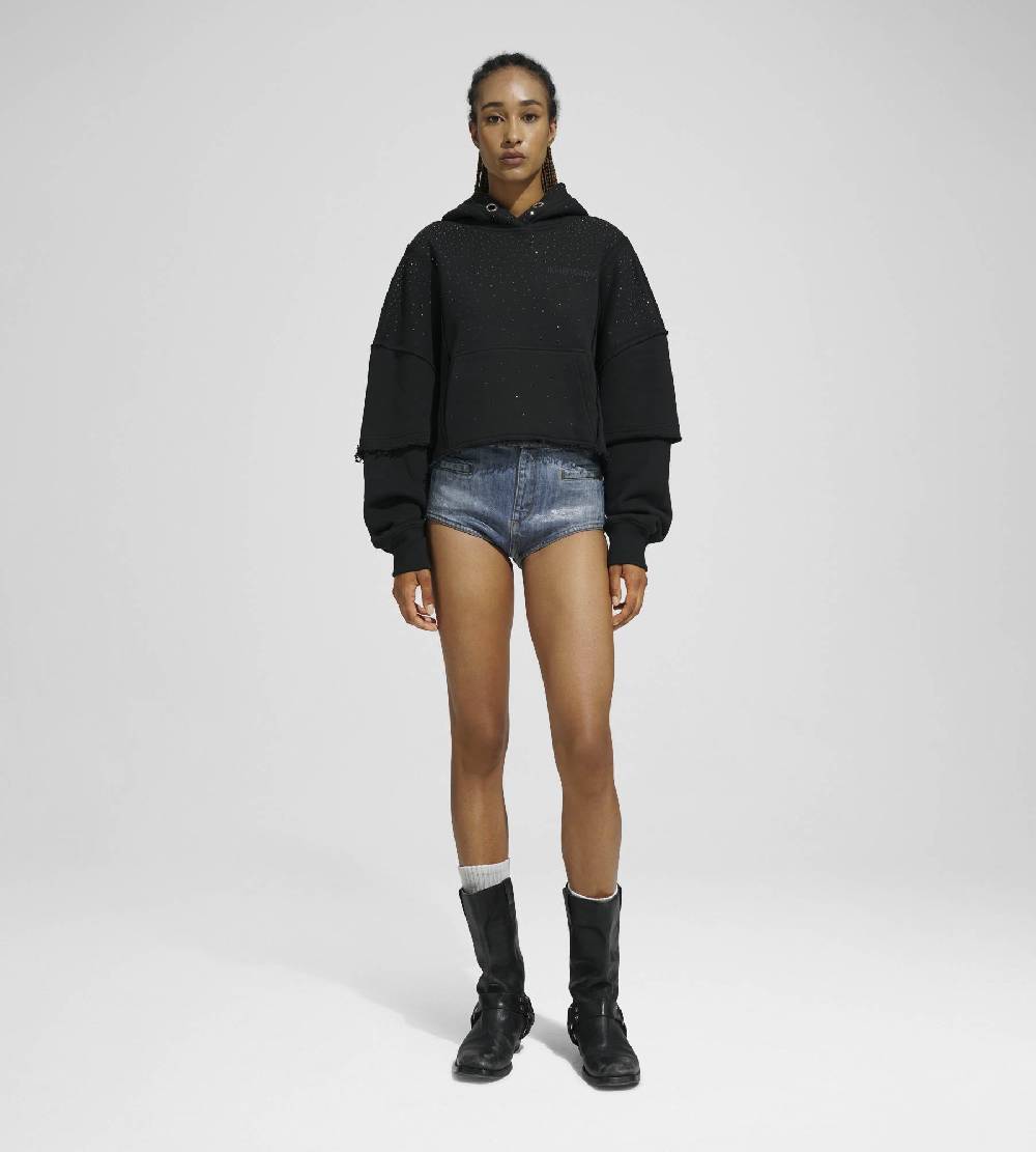 Khrisjoy HOODIE CROP DOUBLE POCKETS STRASS BLACK Vendita Economica