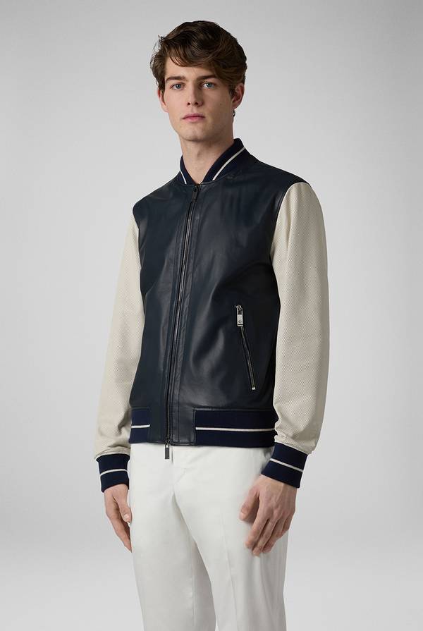 Lab. Pal Zileri Varsity Jacket in nappa bicolore blu e panna Presa