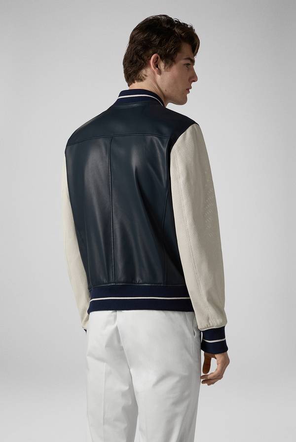 Lab. Pal Zileri Varsity Jacket in nappa bicolore blu e panna Presa