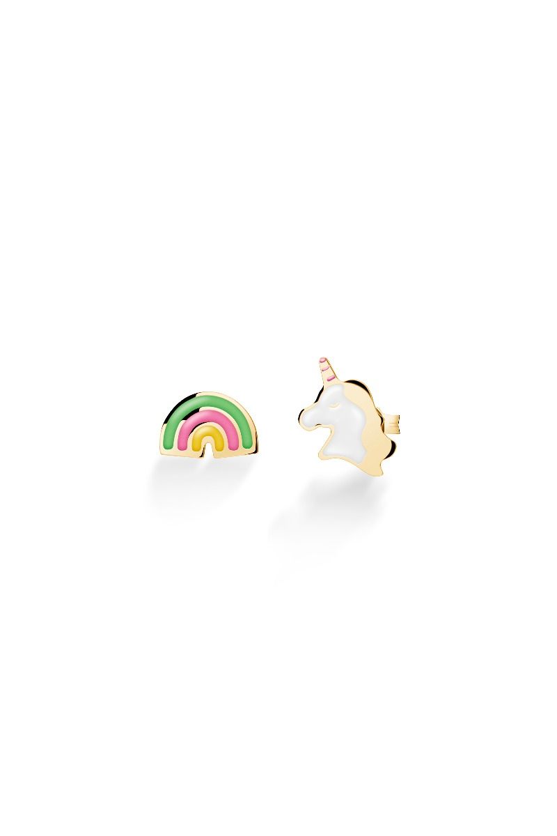 Le Bebé Orecchini Toys con unicorno e arcobaleno in oro giallo Presa