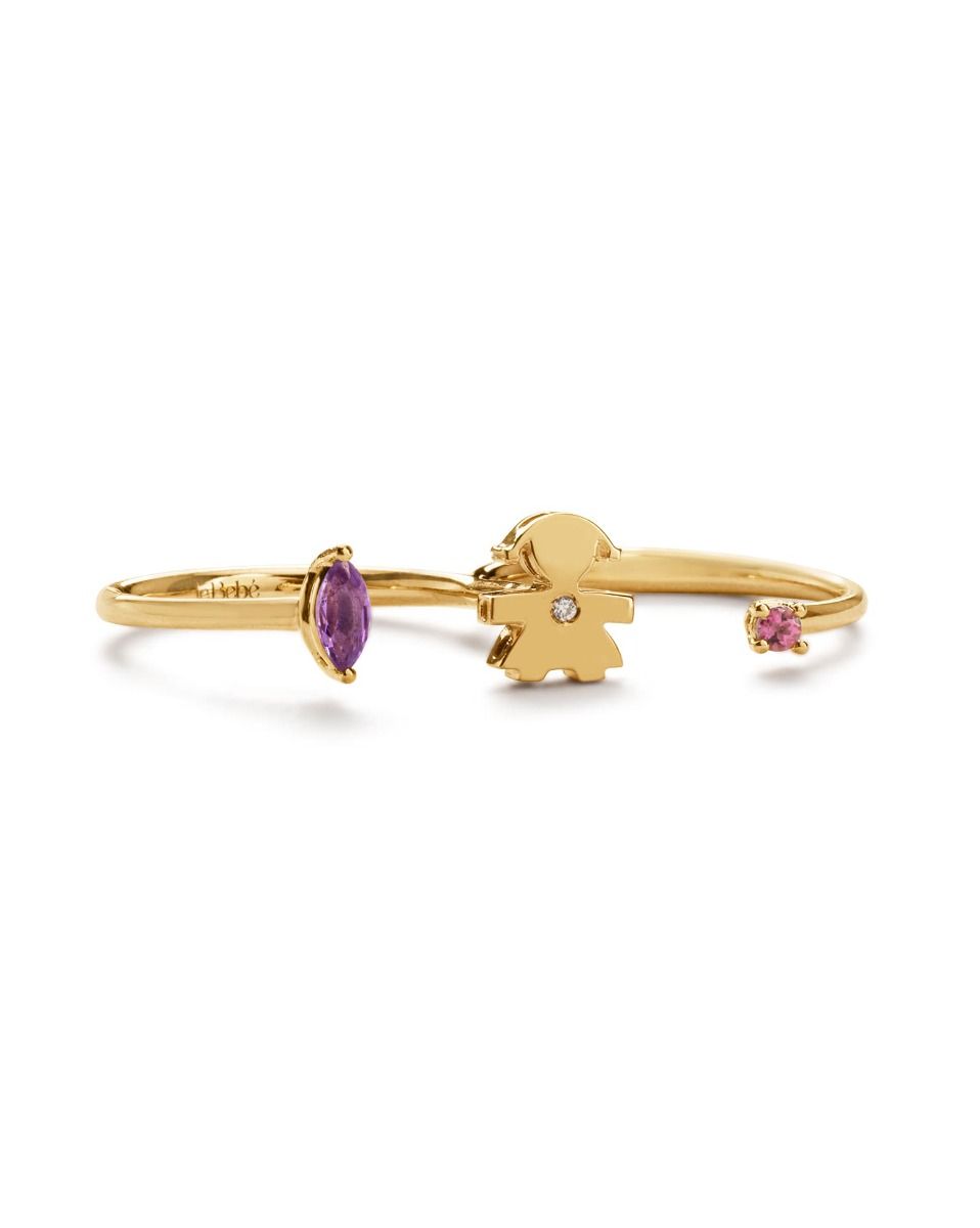 Le Bebé Anello due dita Les Bonbons con sagoma bimba, in oro giallo con ametista, tormalina e diamante Convenienza