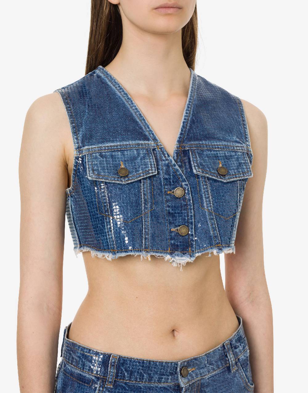 Philosophy Di Lorenzo Serafini Gilet crop in denim con paillettes Prezzo Ridotto