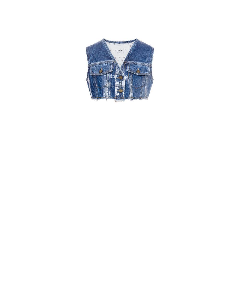 Philosophy Di Lorenzo Serafini Gilet crop in denim con paillettes Prezzo Ridotto