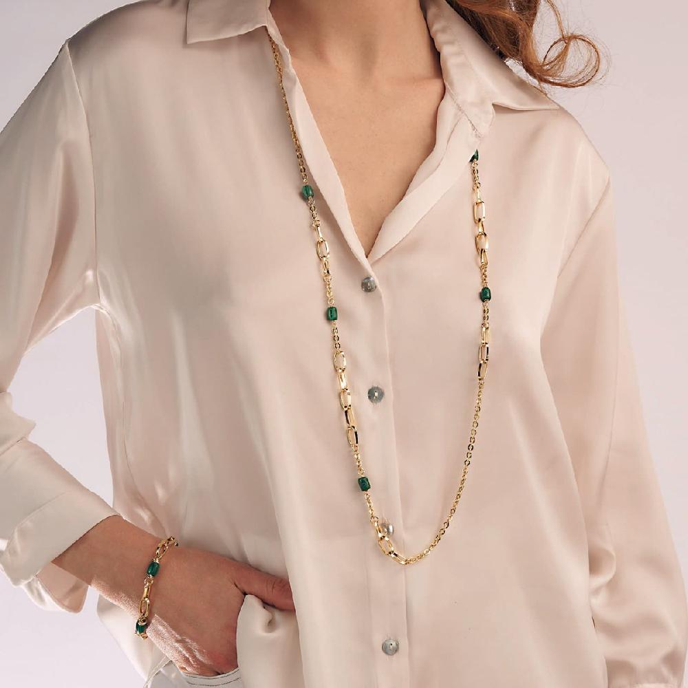 Unoaerre Collana donna lunga in bronzo dorato con malachite verde | UNOAERRE Gioielli Soddisfazione Garantita
