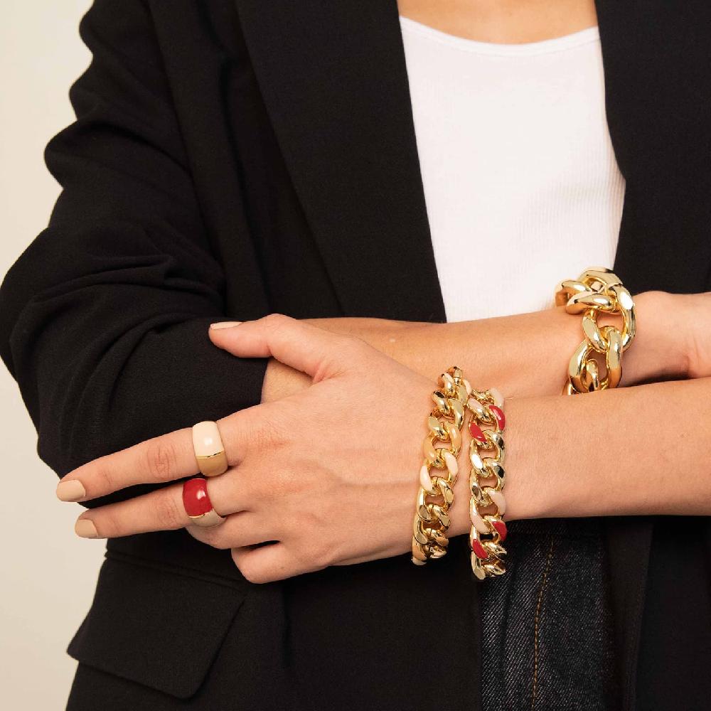 Unoaerre Anello in bronzo dorato con design bombato e smalto beige e nocciola. | UNOAERRE Gioielli Vendita Calda