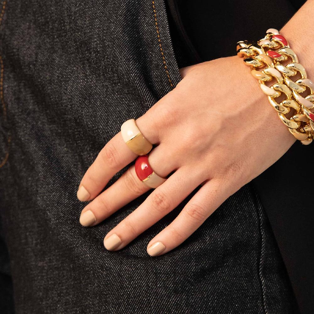 Unoaerre Anello in bronzo dorato con design bombato e smalto osso bordeaux e beige. | UNOAERRE Gioielli Vendita Economica