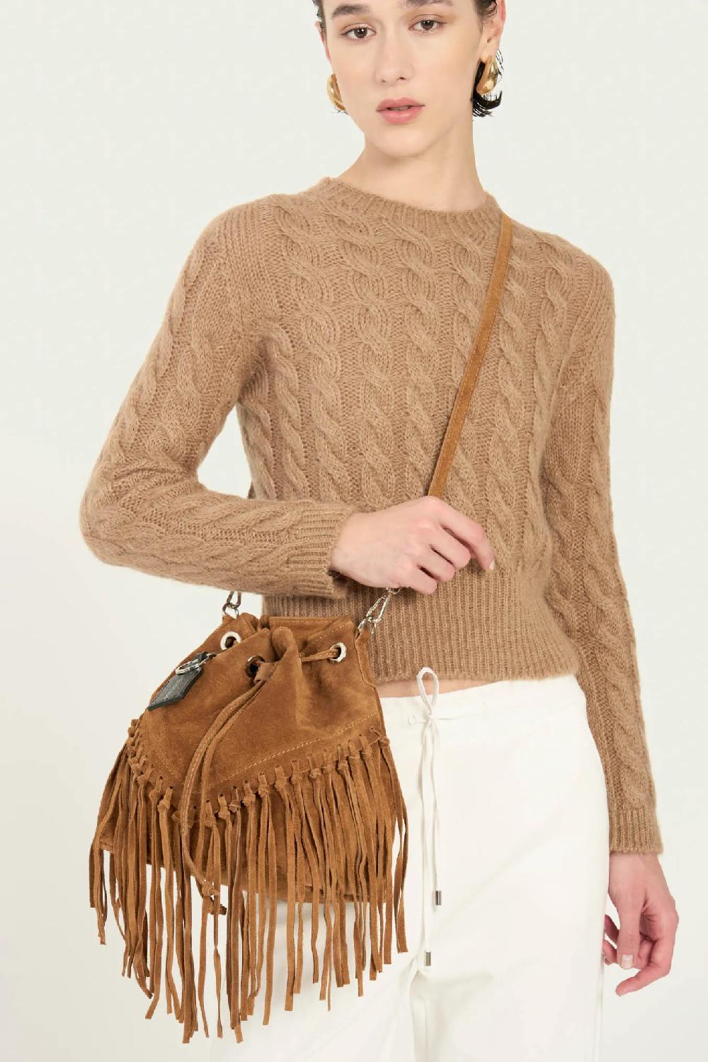 Vicario cinque Borsa a Sacchetto Scamosciata con Frange Stile Boho Chic - Briona Qualità Garantita