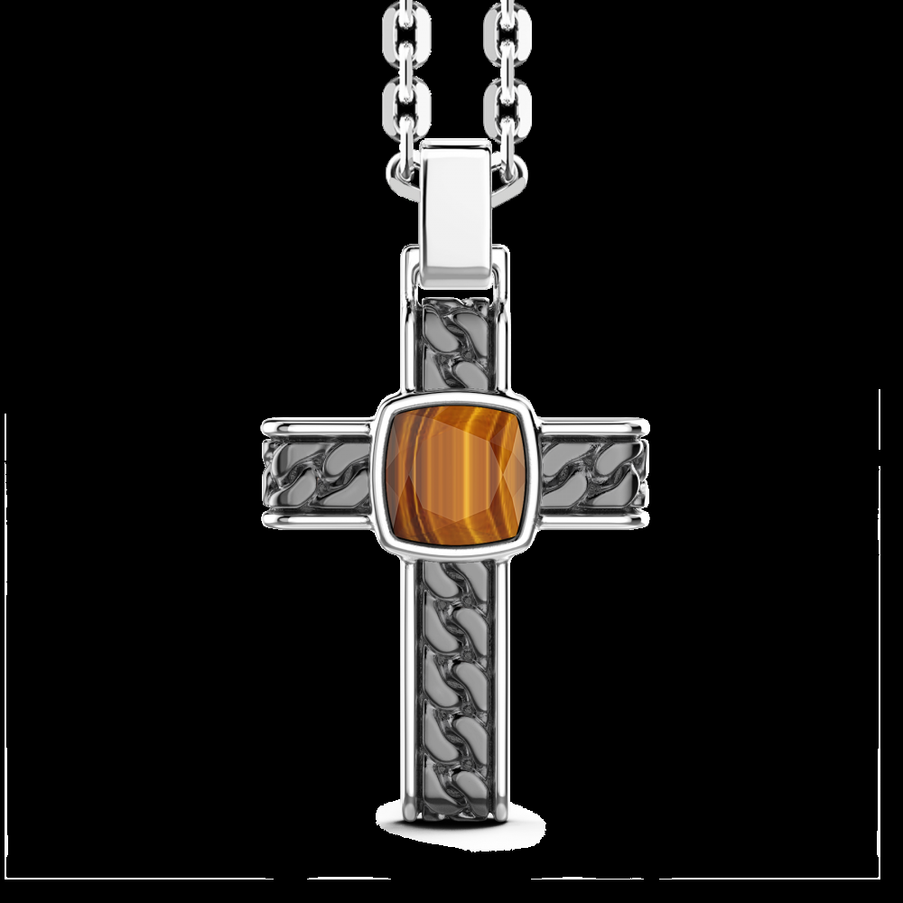 Zancan Collana in argento con pendente a croce e occhio di tigre quadrata Sconto