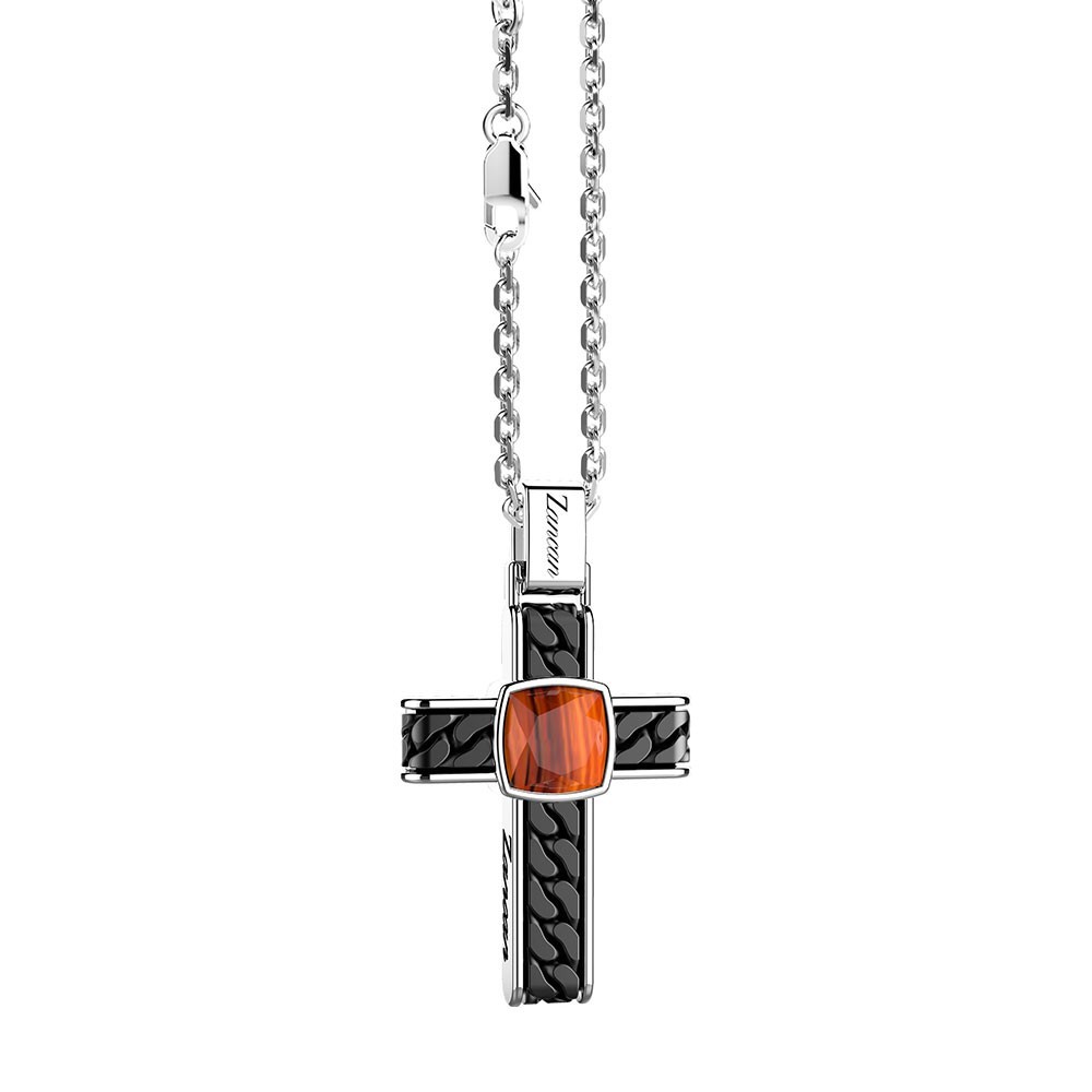 Zancan Collana in argento con pendente a croce e occhio di tigre quadrata Sconto