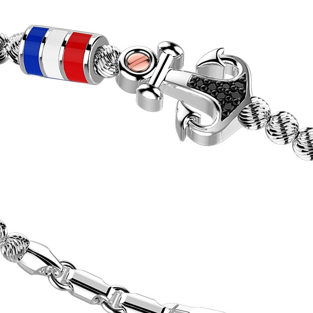 Zancan Bracciale Zancan in argento a sfere con bandiere nautiche e ancora con pietre nere Black Friday Prezzi