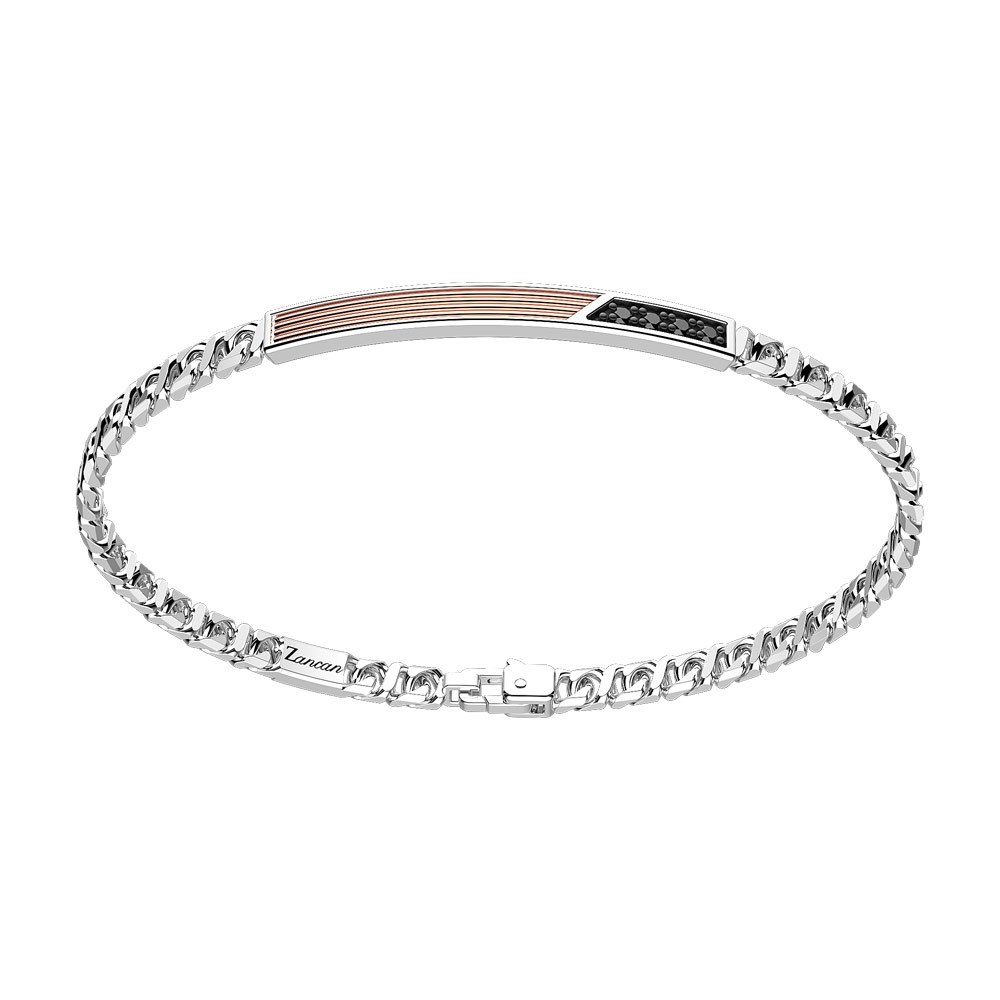 Zancan Bracciale a grumetta Zancan in argento con targa ed inserti in oro rosa e pietre nere Esporta salva