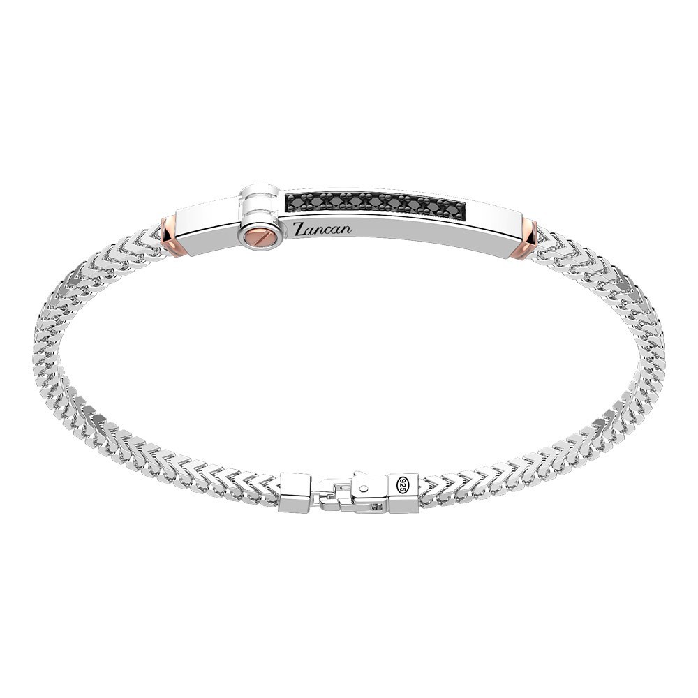 Zancan Bracciale Zancan in argento con targa ed inserti in oro rosa e pietre nere
